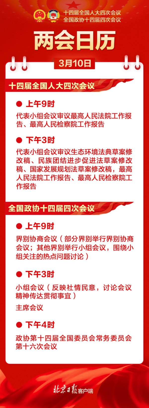 两会日历｜人代会审议“两高”报告等，政协举行界别协商会议和小组会议