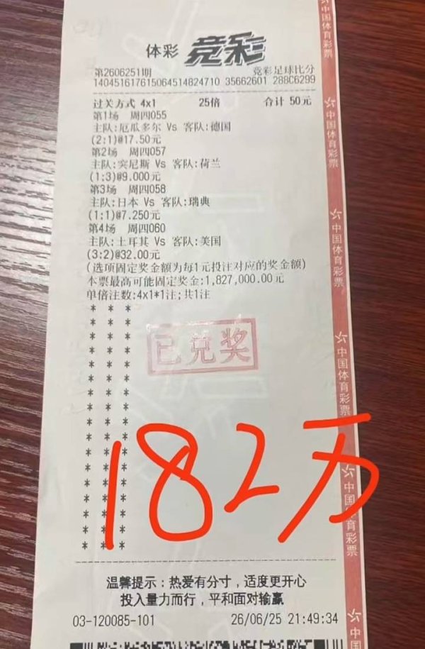 广西彩民50元竞猜世界杯喜中182万，当事体彩门店：老顾客购彩，第二天发现前三场结果全对，才来店里取票